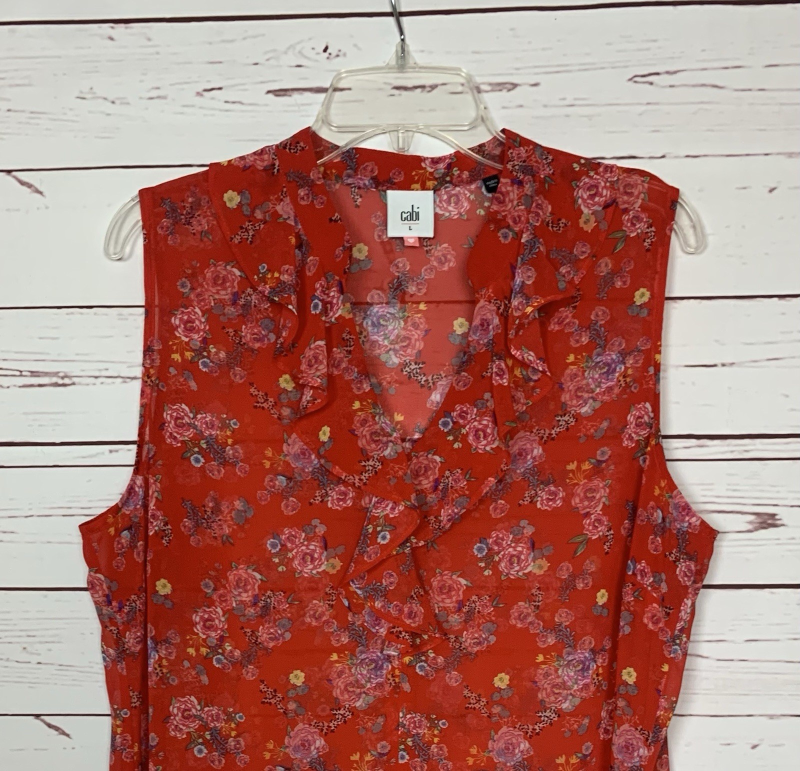 CAbi Women’s L Large Red Floral Ruffle Sleeveless Sheer Summer Top Blouse