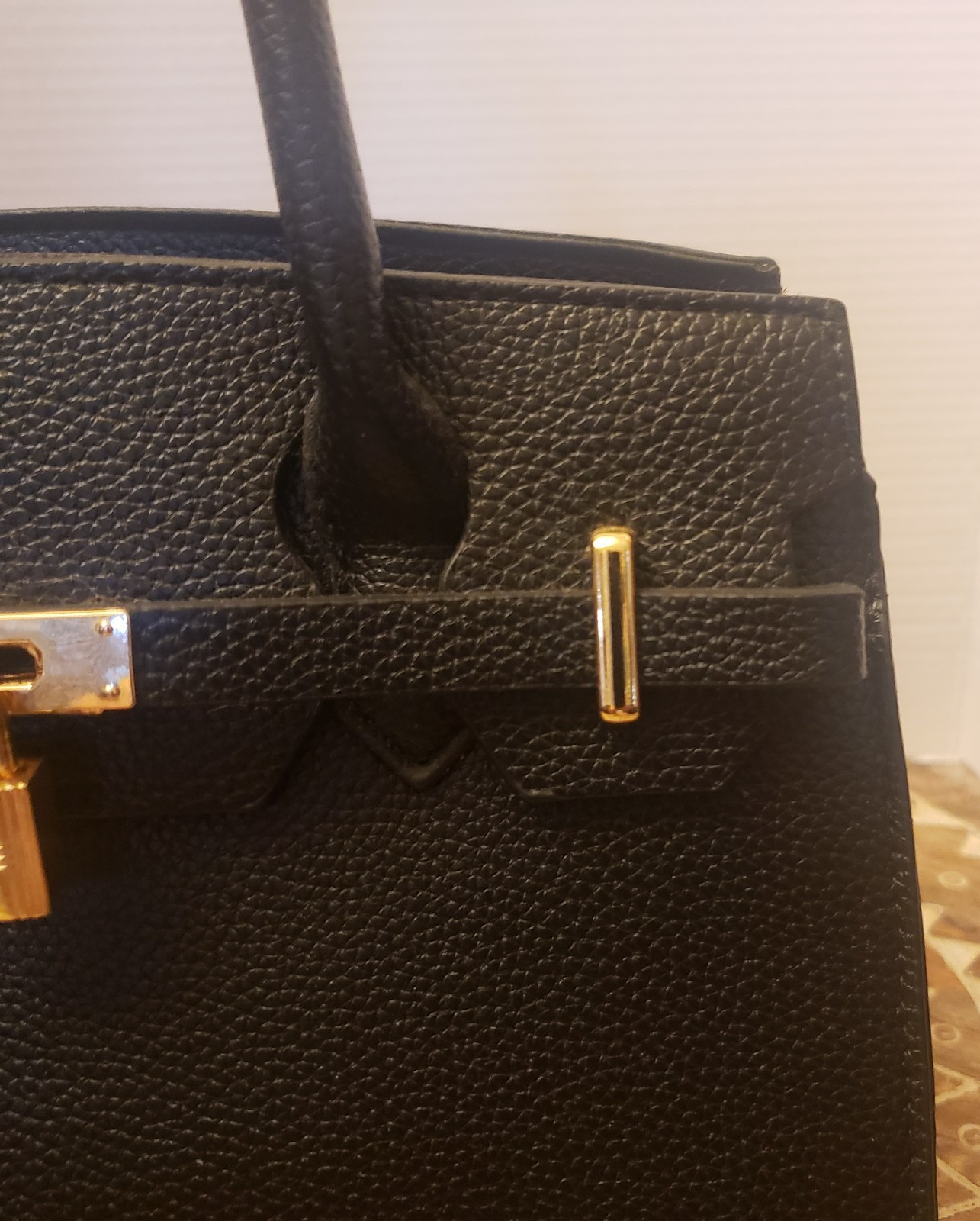 Black Satchel Handbag with Padlock and Gold-tone Hardware