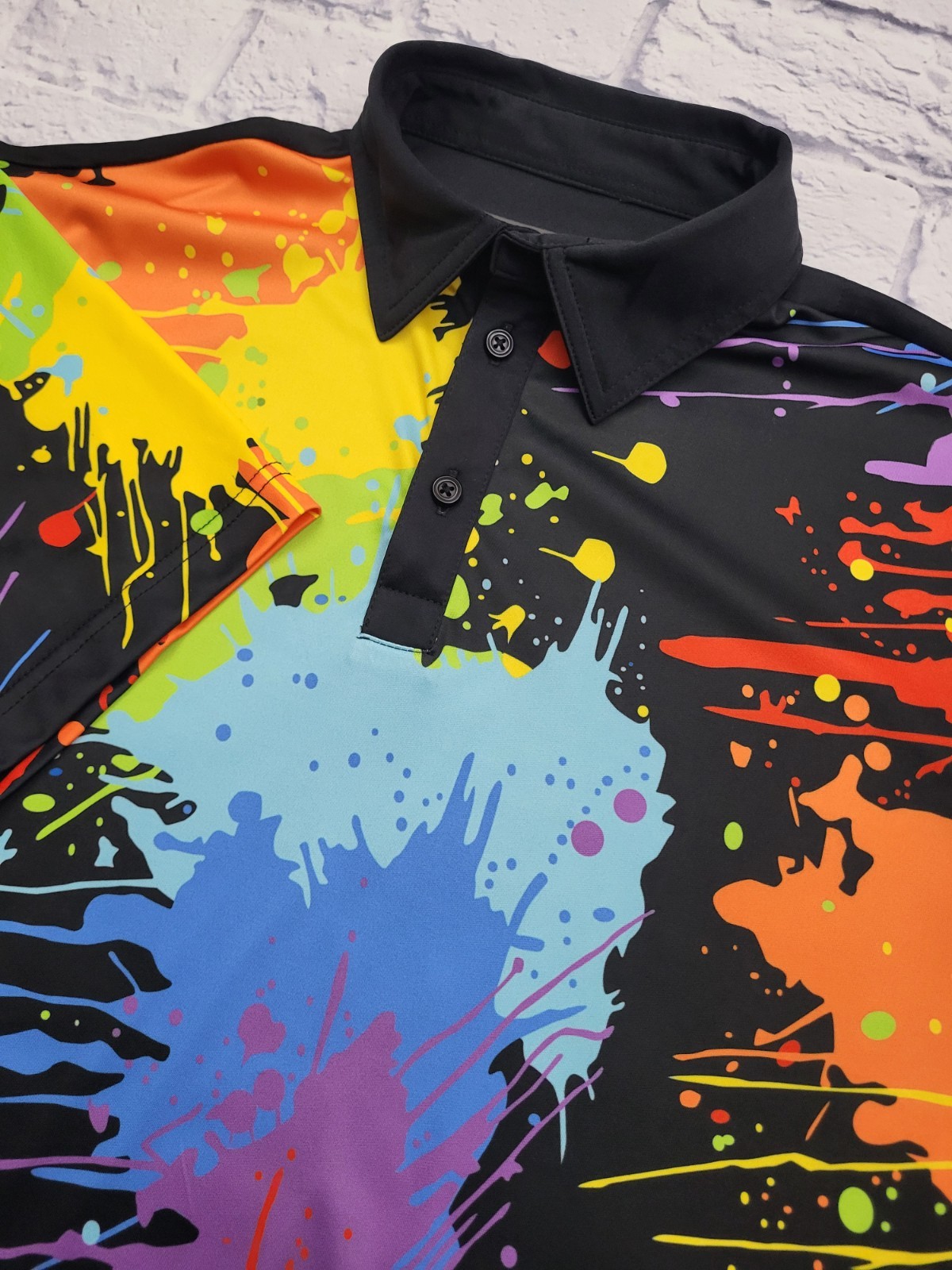 LoudMouth Golf Polo Shirt Black Multicolor Paint Short Sleeve Logo Men Large