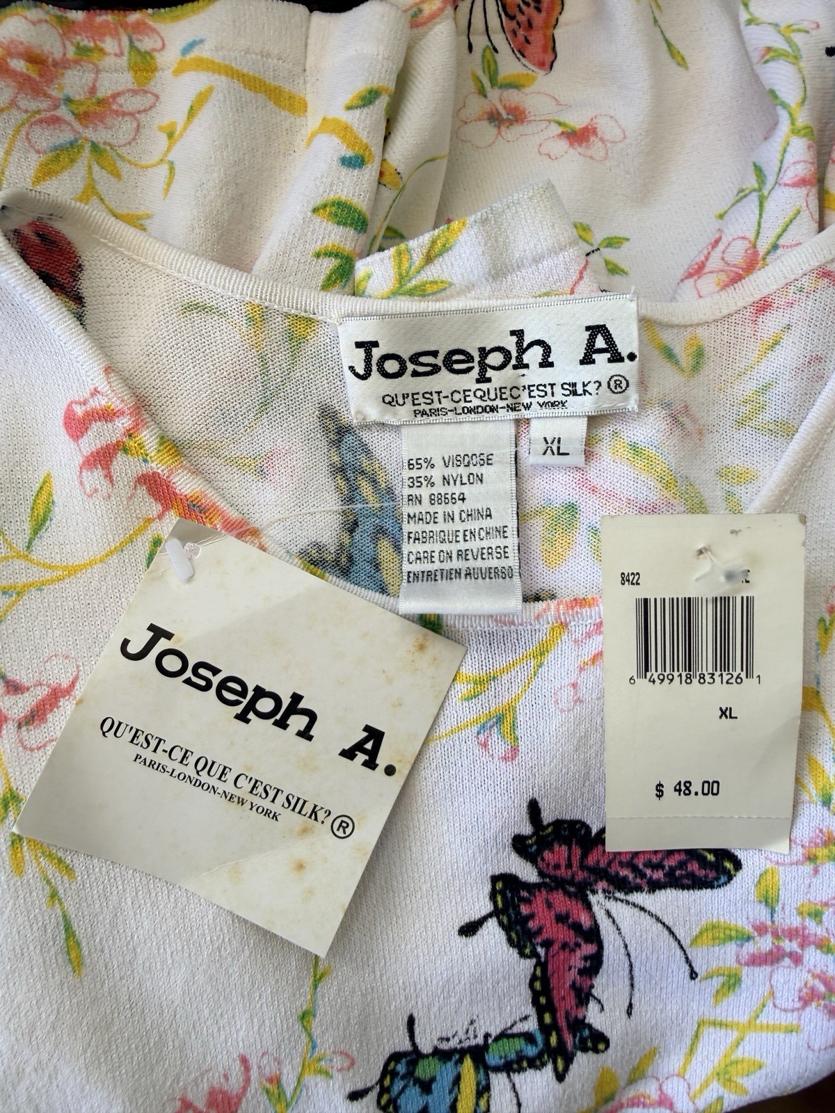 NWT JOSEPH A. Sweater Top White Butterfly Floral Print Viscose 3/4 Sleeve XL