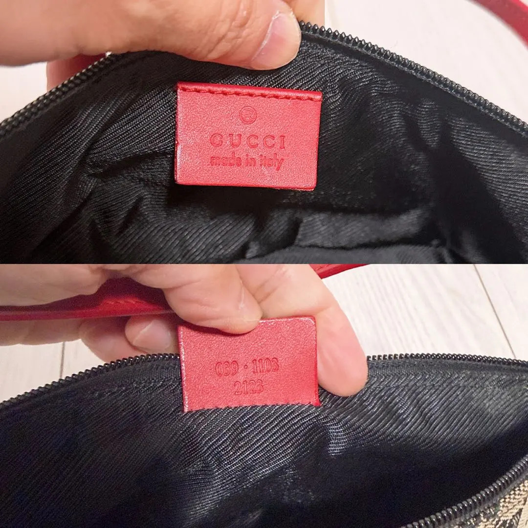 Authentic GUCCI GG Canvas Accessory Pouch Beige Handbag Gold Logo Plate