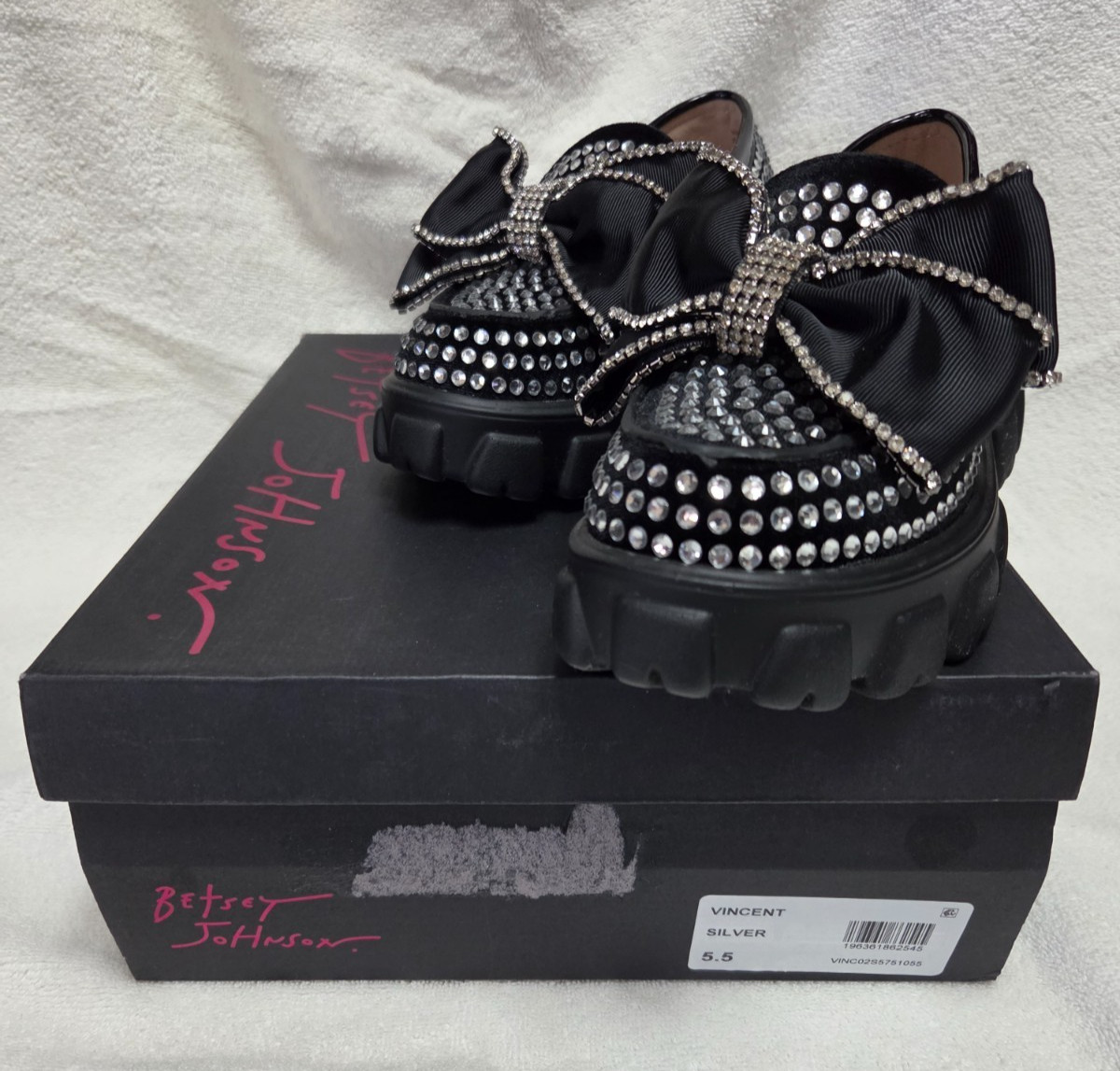 Betsey Johnson Vincent Bow Black Rhinestone Chunky Platform Loafer Women’s 5.5 M