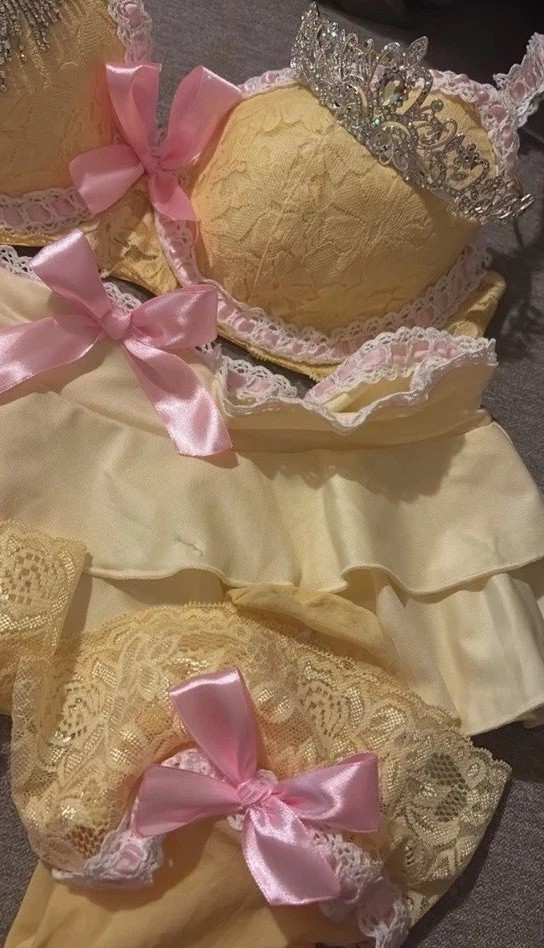 HOUSE BUNNY/ TRASHY LINGERIE Custom Inspired Yellow & Pink Lace Lingerie Set