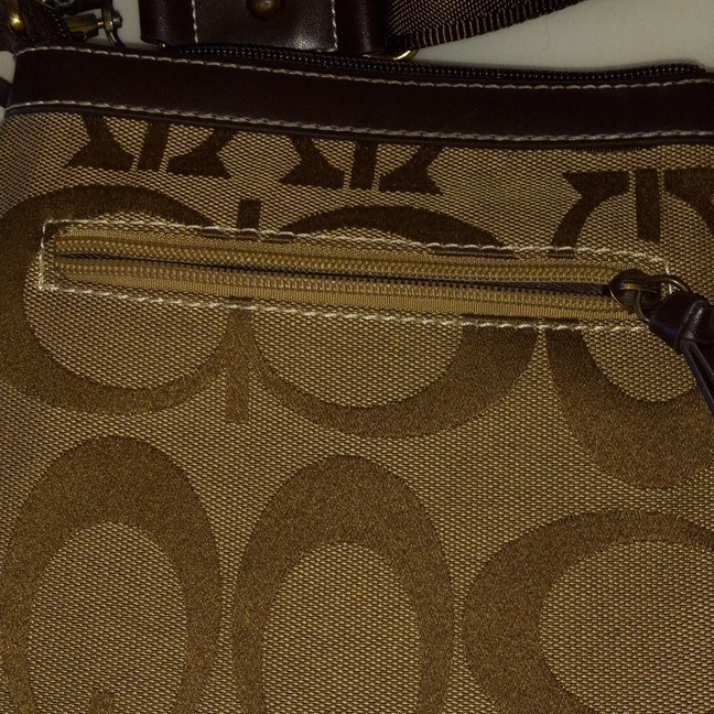 Brown Tan Logo Print Crossbody Bag Zip Closure Adjustable Strap Outer Pockets