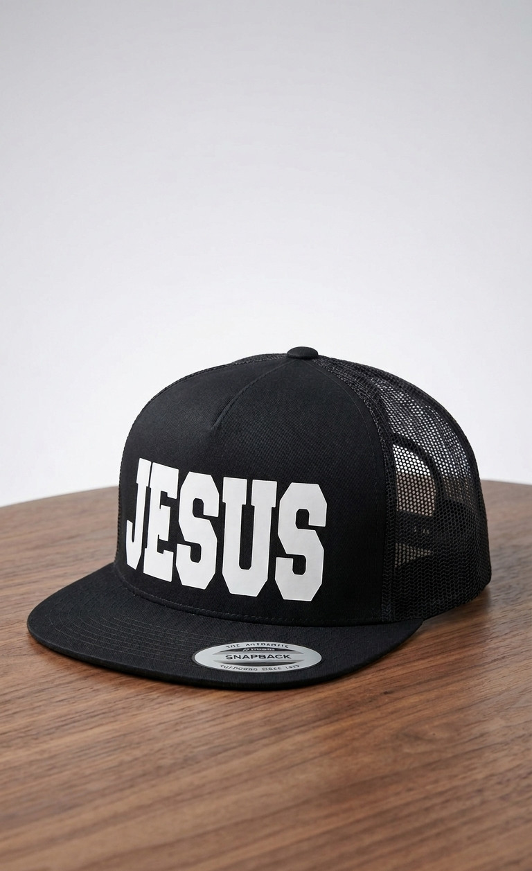 Classics Flat Bill Trucker Cap Meshback Snapback JESUS BLACK Hat