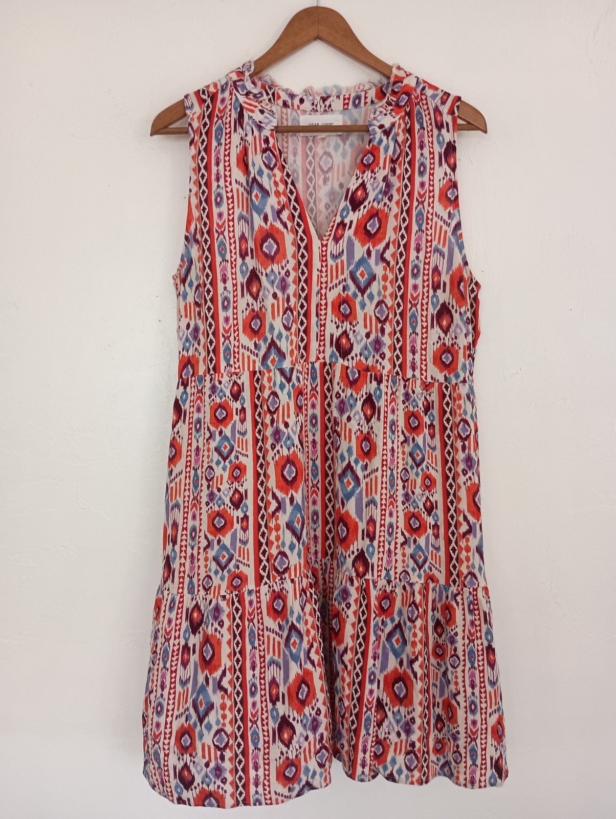 Dear John Multicolor Geometric Sleeveless V-Neck Dress M Rayon Ruffle