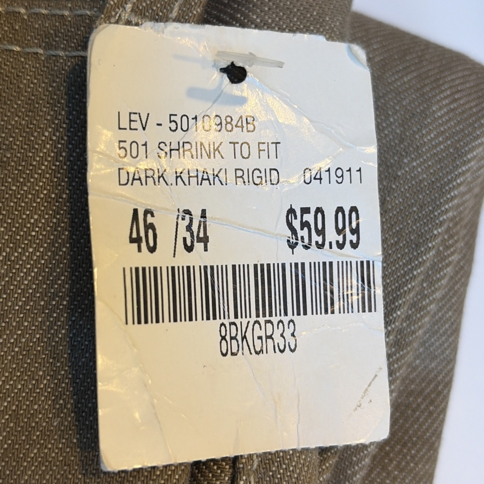 Levis 501 Shrink To Fit Button Fly Jeans Color Dark Khaki Rigid 46×34