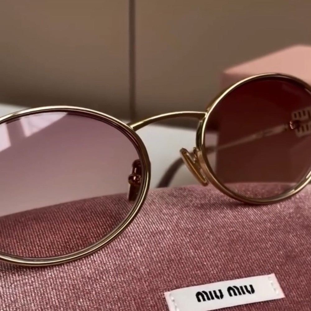 Miu Miu Logo Round Sunglasses in Gold / Pink Gradient Lens
