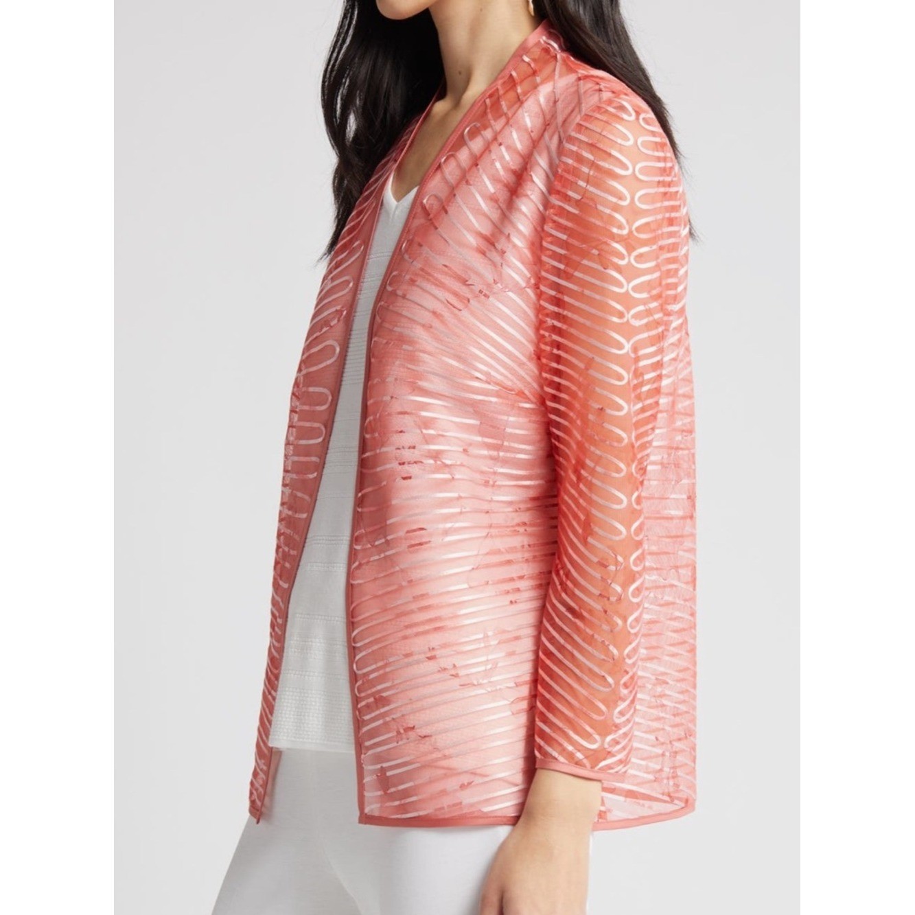 Ming Wang Sheer Stripe Open Front Jacket Topper Coral Size XS