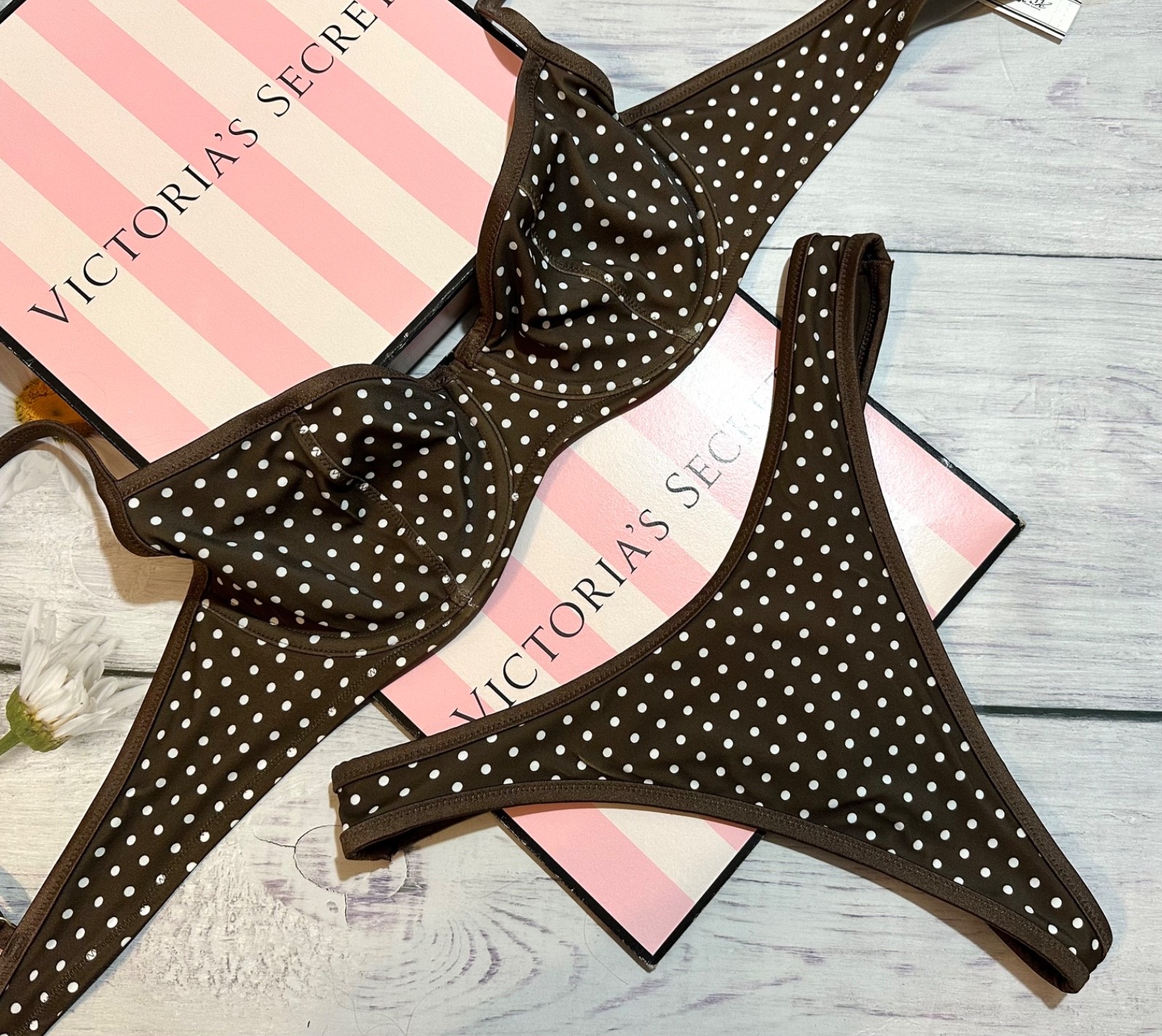 PINK by Frankies BUTTERCUP Victorias Secret Brown and White Polka Dot Thong Set