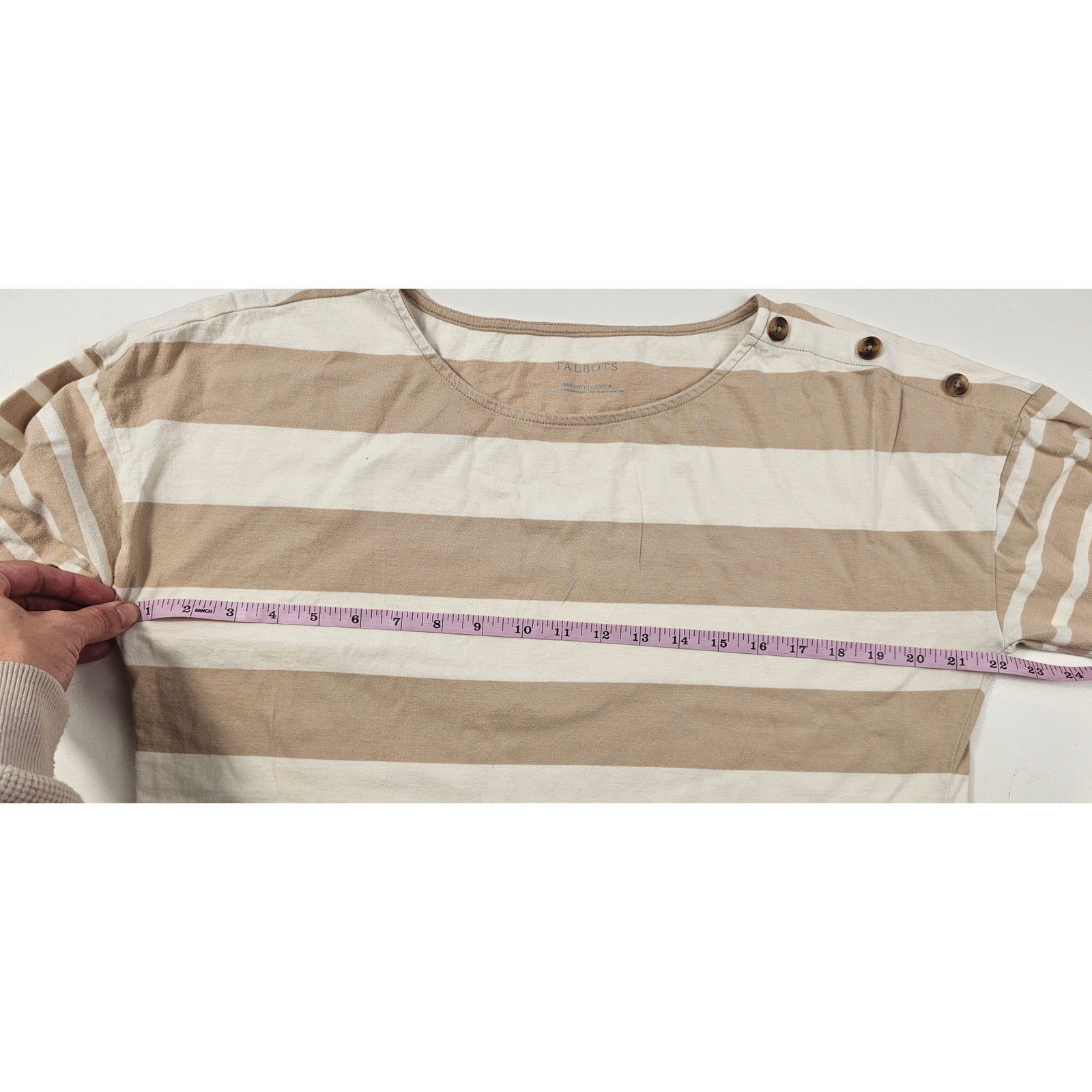 Talbots sz L neutral striped button accent slub old money casual career comfort