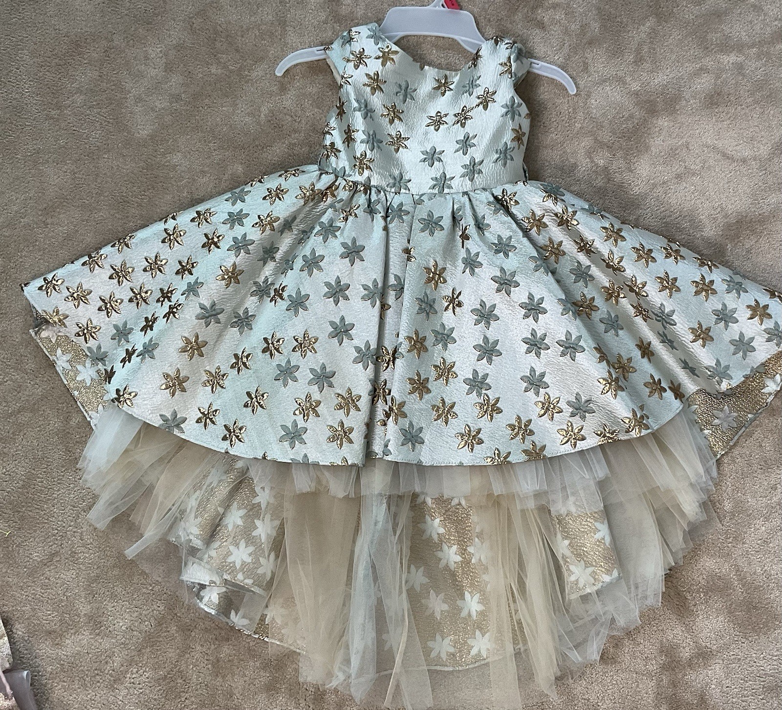 BEBEGO Girls Ivory Gold Blue Floral Glitter Layered Tulle Hi-Low Dress 12