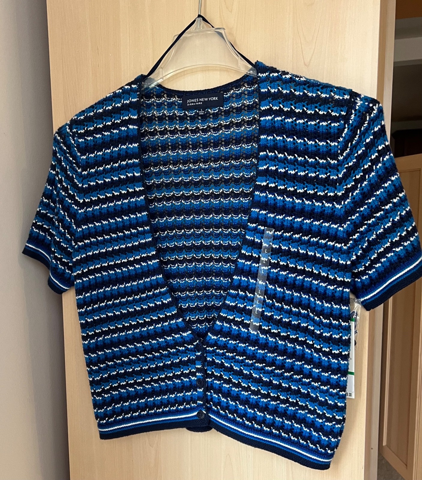 Jones New York Signature Sz L Cardigan Sweater S-Sleeve Blue Crop Crochet Cotton