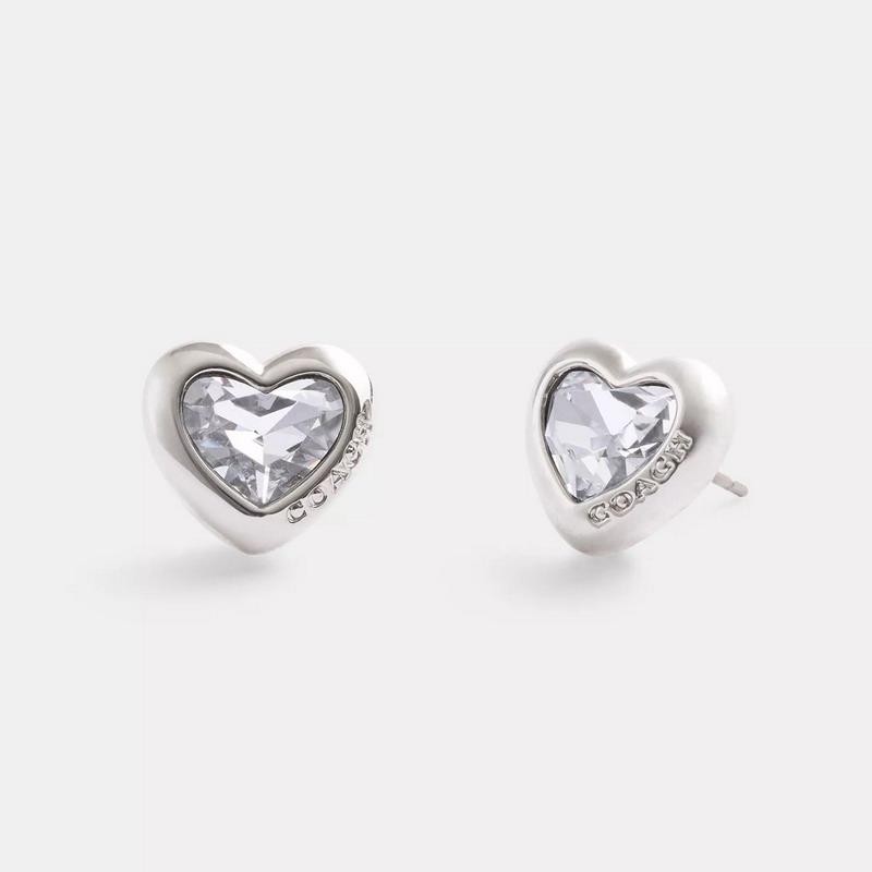 NWT Coach Stone Heart Stud Earrings Clear Silver Tone