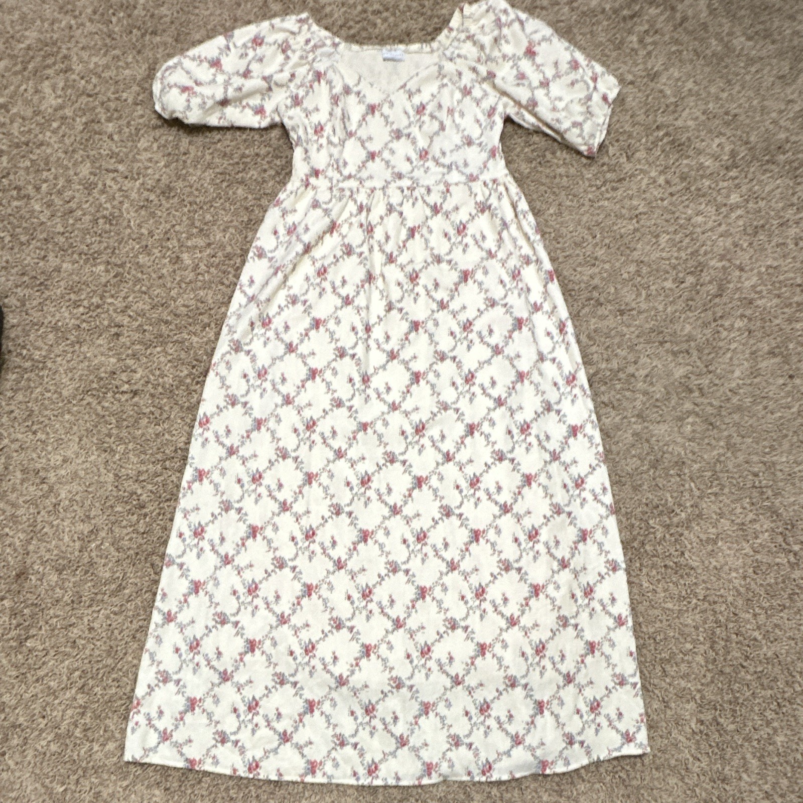 Pink Desert Womens Ivory/Pink/Blue Floral Sweetheart Smocked Maxi Dress L