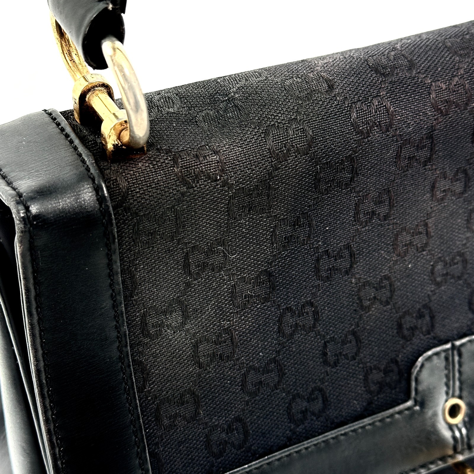 Vintege GUCCI Shoulder Bag GG Horse Bit Black Leather Canvas Auth From Japan