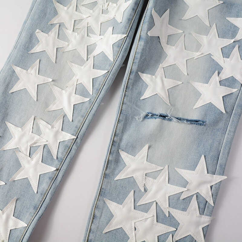 Men’s Ripped STAR PU Patchwork Grunge Skinny fit stretch Denim Washed jeans