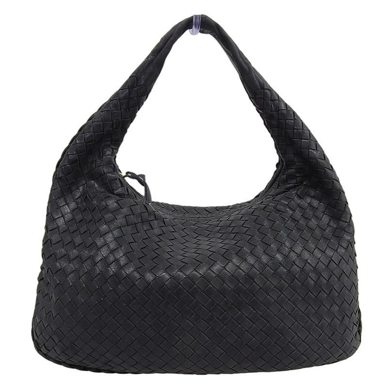 Bottega Veneta Intrecciato Shoulder Bag Hobo Bag Black Leather 115653 Authentic