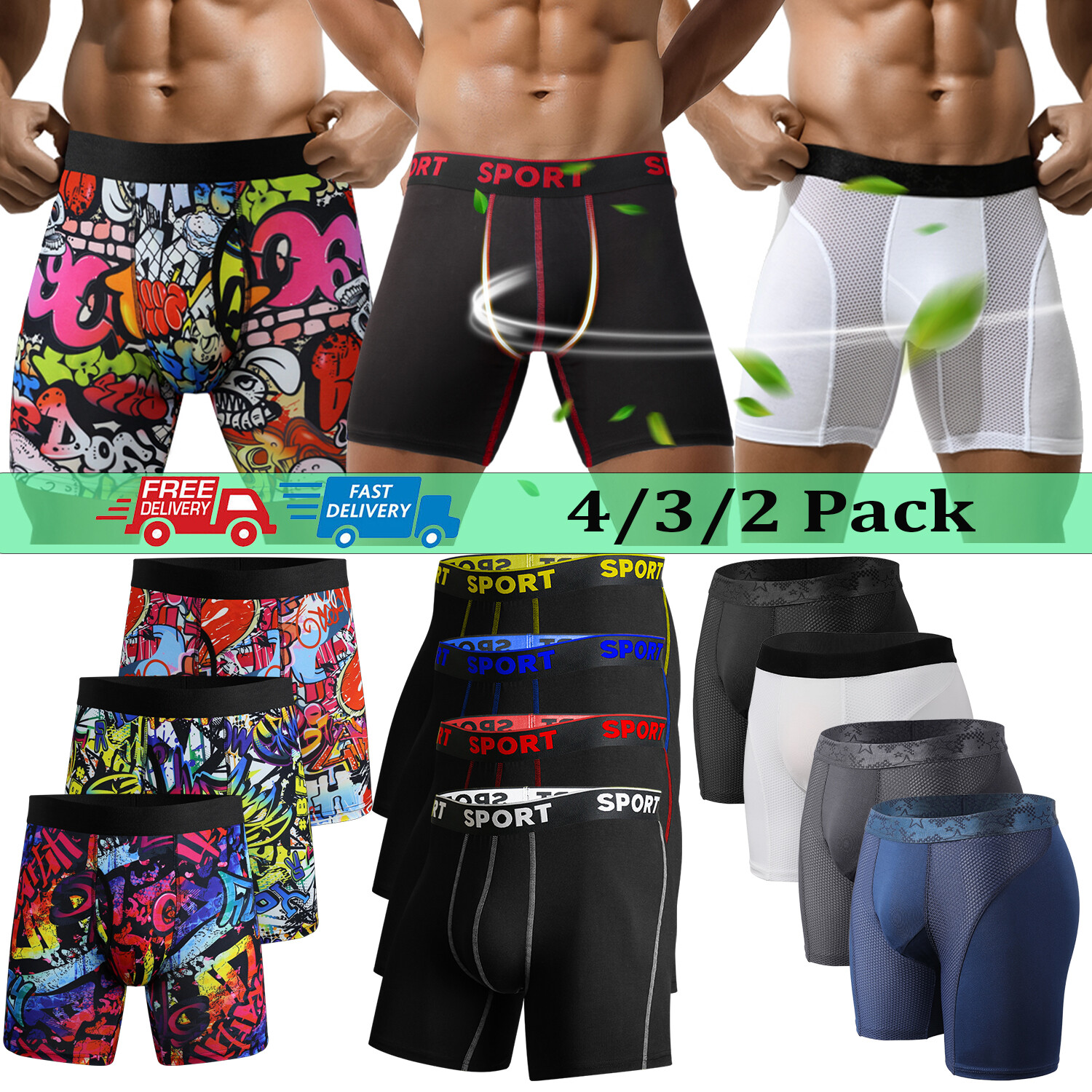 Men Bamboo Underwear Boxer Briefs Trunks Underpant Anti Chafe Underwear 3-4 Pack