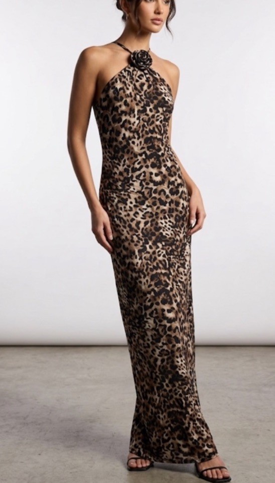 BCX Dress Leopard Print Rosette Halter Maxi Dress XXS NWT