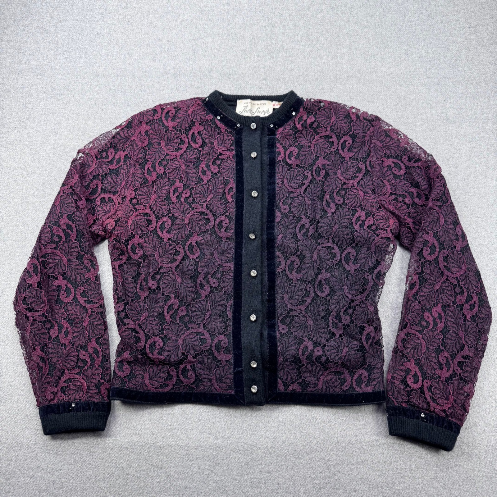 Vintage 50s Lace Overlay Rhinestone Cardigan Sweater Black Purple Orlon Fits XS