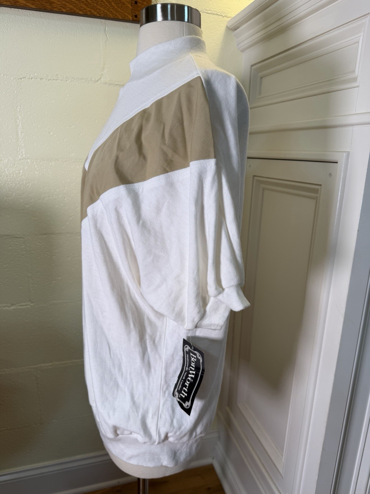 Vtg BonWorth Top Sz Medium White Tan Colorblock Mock Neck USA Made Retro 80s 90s