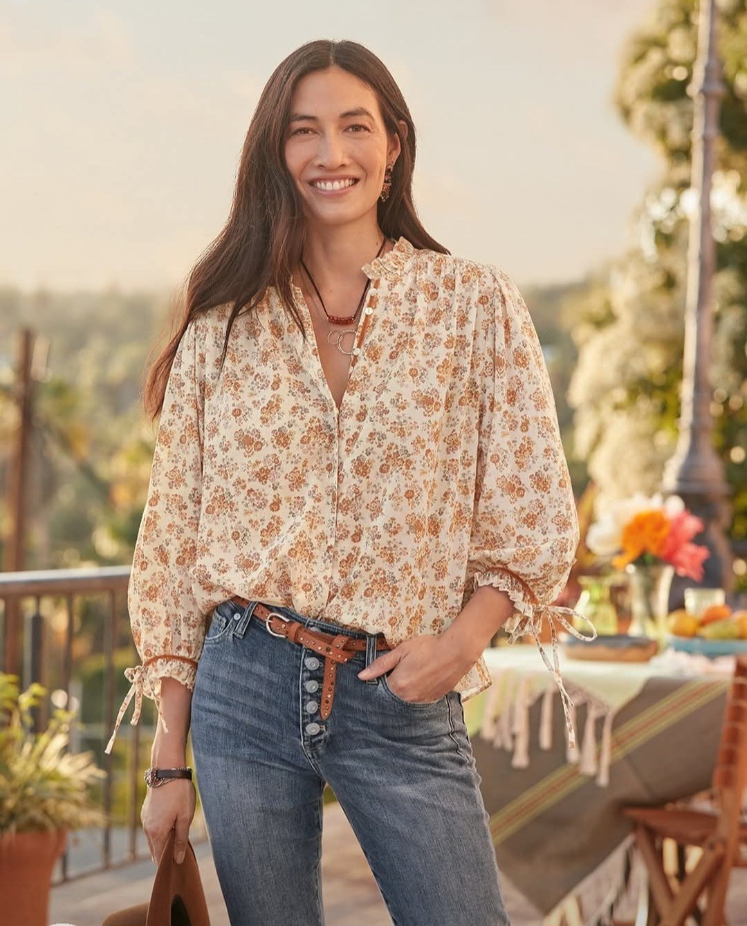 Sundance 100% Cotton Floral V-Neck Long Tie Sleeve Button Up Cottagecore Top S