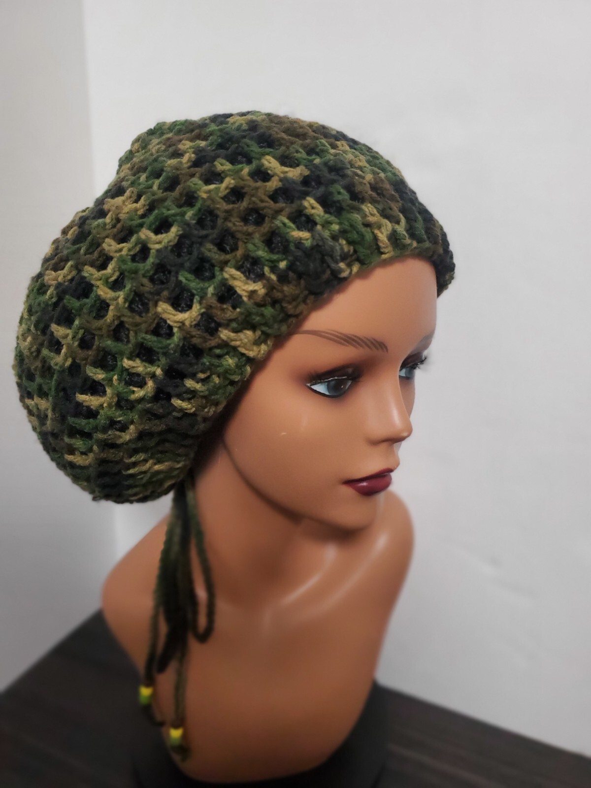Camouflage Crochet Flower Tam Slouch Hat With Drawstring Handmade One Size