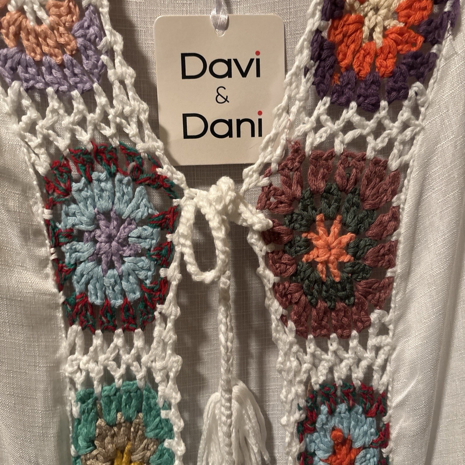 Davi & Dani White Multicolor Crochet Hand Knit Granny Square Trim Cover Up Dress