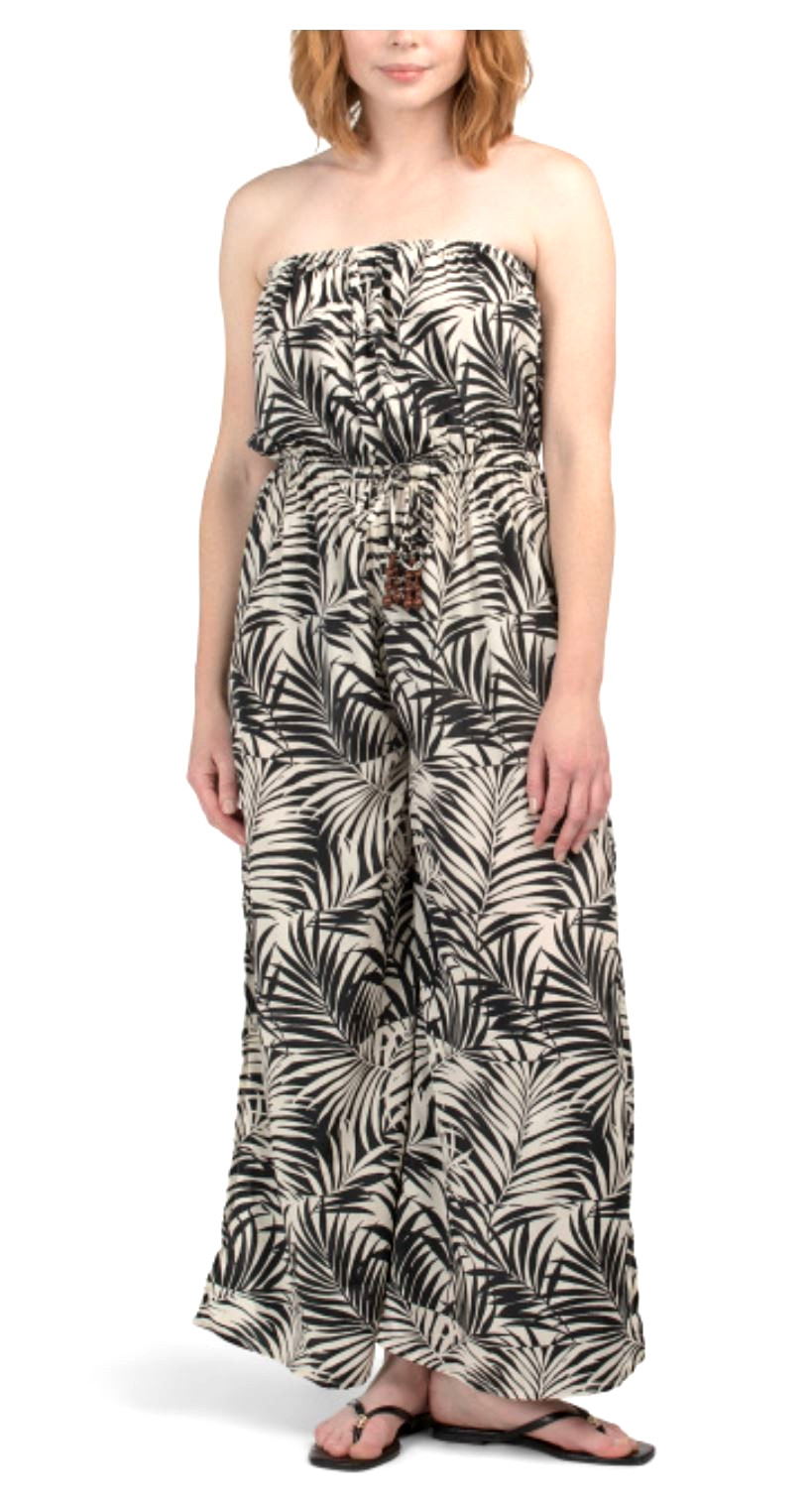 True Destinations Resort Wear Strapless Jumpsuit Wide Slit Leg XL Leaf Print NEW