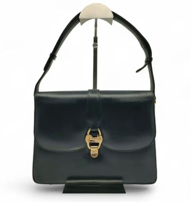 CELINE Black Leather Horse Carriage Shoulder Bag Gold Hardware Auth