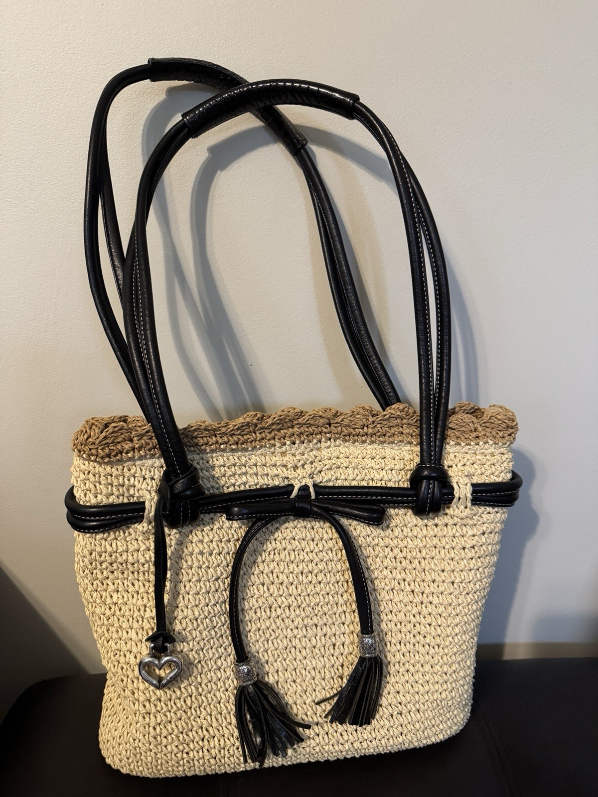 Brighton Woven Straw Shoulder Bag Tote With Black Leather Tassel Silver HW- READ