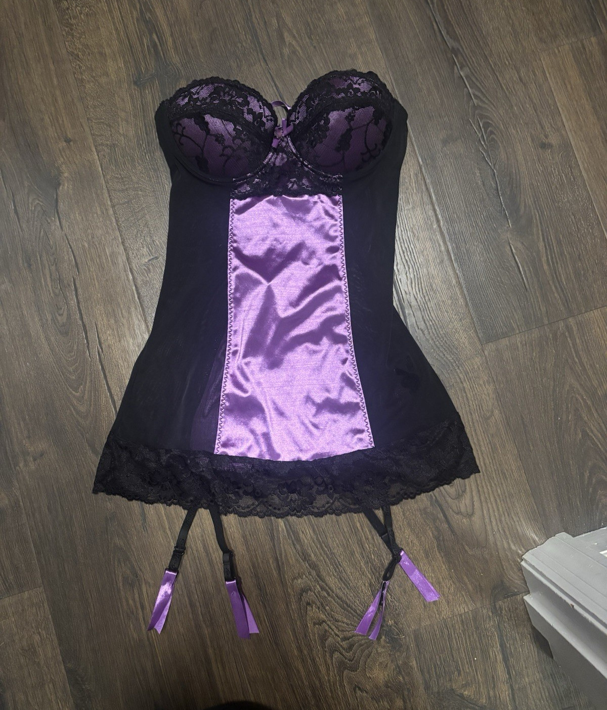 Playboy Black & Purple Lace Bustier S/M Underwire Garter Straps Lace-Up