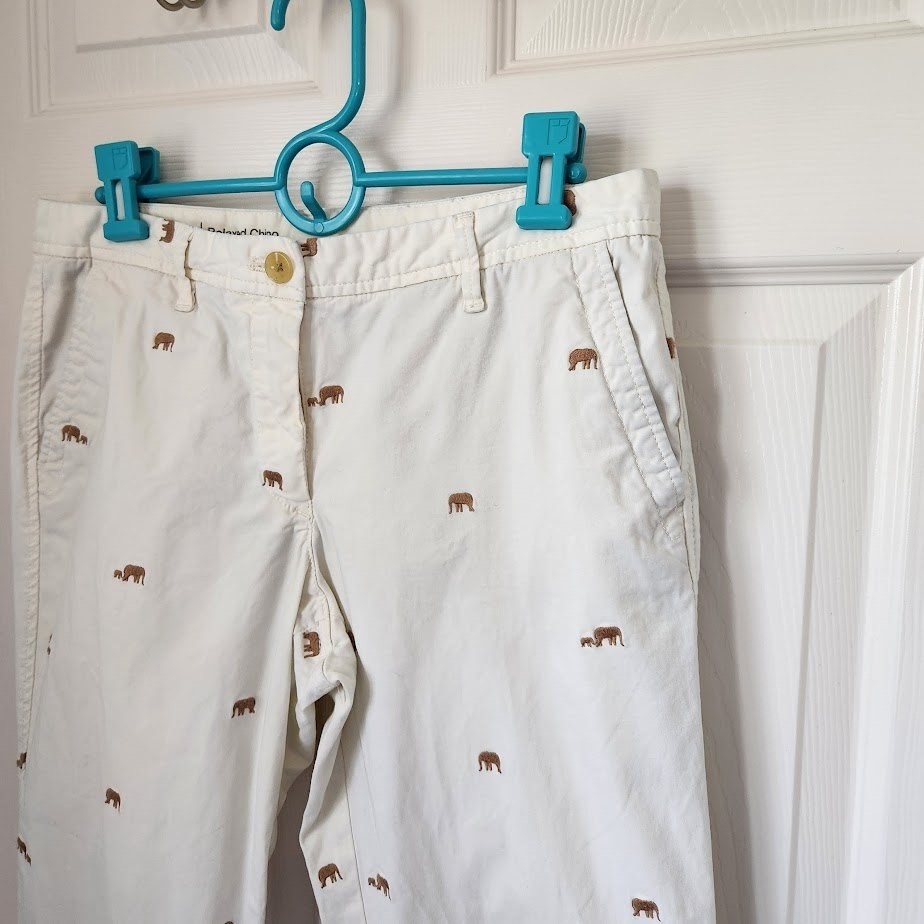 Talbots Womens 6P Relaxed Chino Pants Ivory Embroidered Elephant Cotton 178