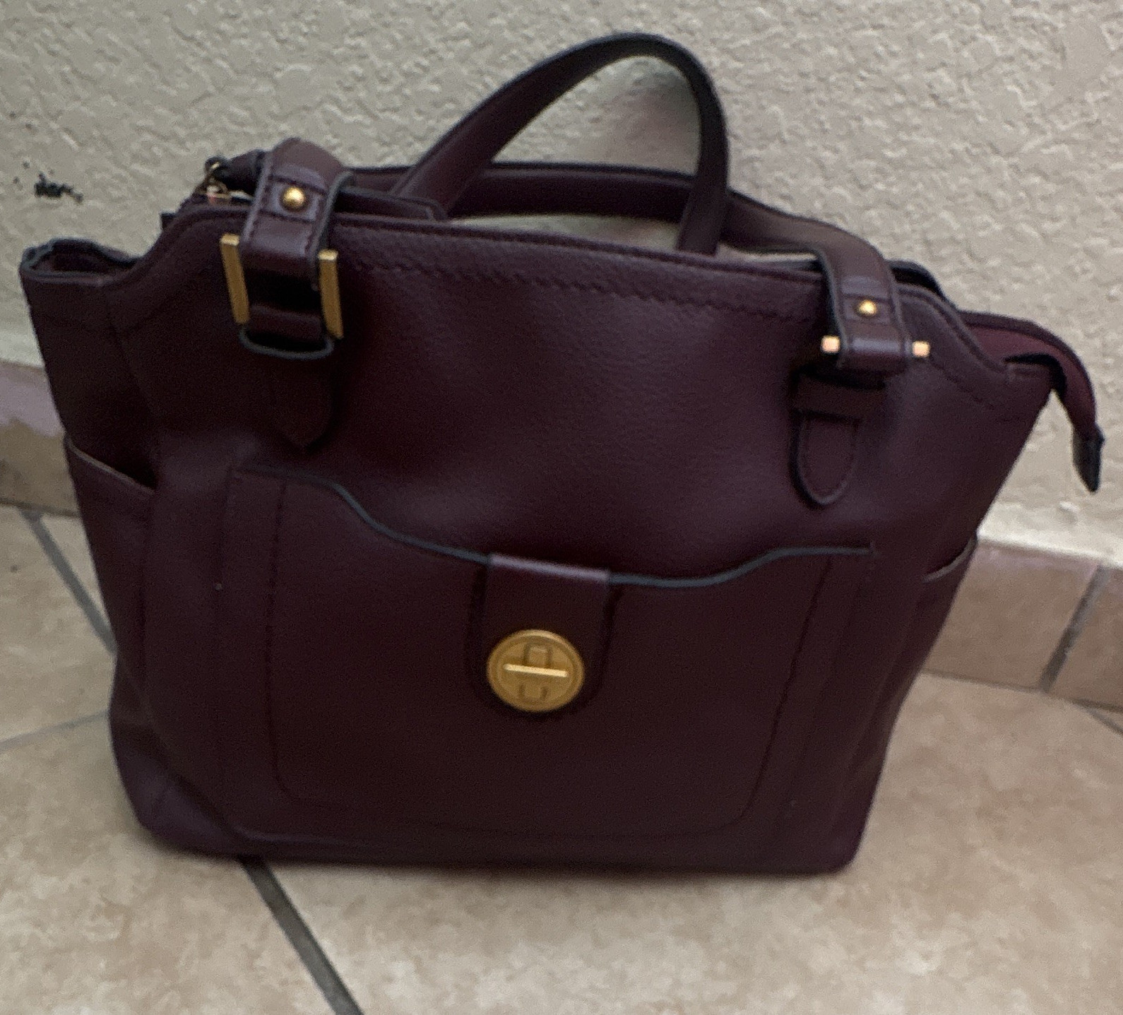 Rosetti Burgundy Pebbled Satchel Top Handle Bag Gold Hardware Turn Lock Zip