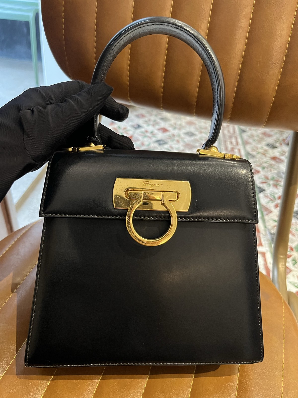 Ferragamo Black Saffiano Gancini Handbag, Italy