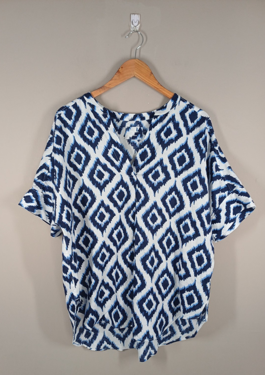 M&S Blouse Womens UK 14 Blue Mix Linen Short Sleeve Tunic Relaxed Flax Geometric