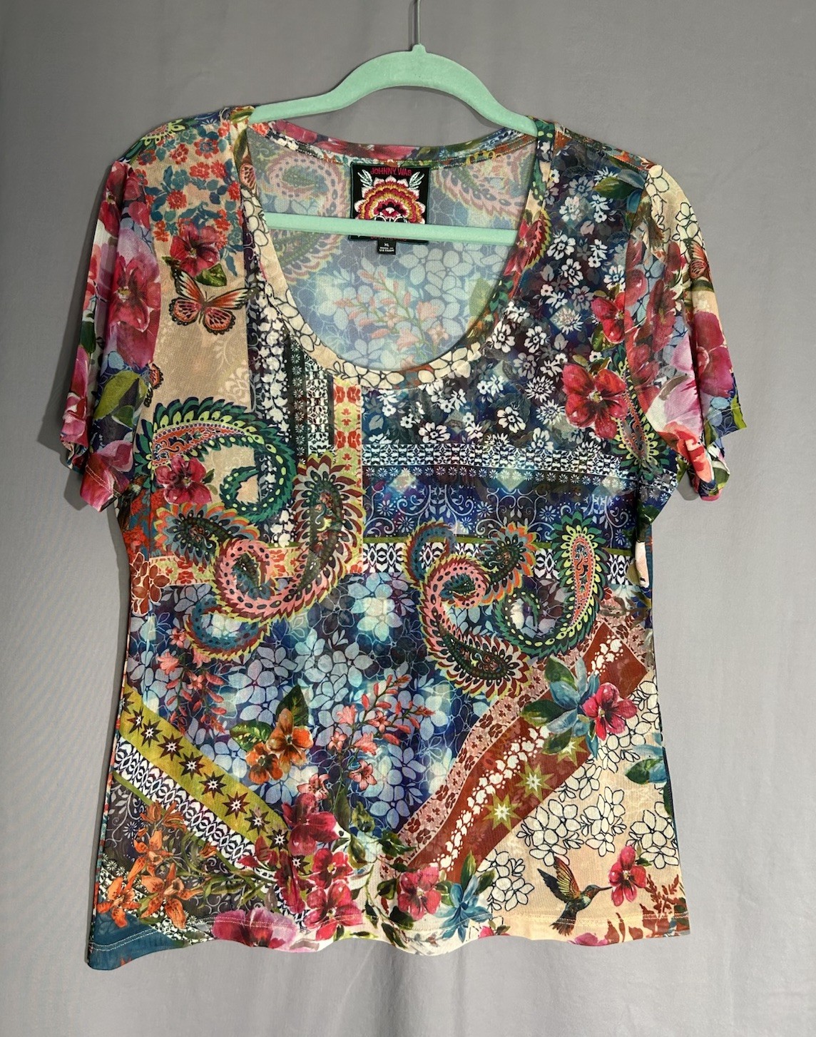Johnny Was Women’s Evie Short Sleeve Scoop Neck Mesh Tee Size XL, Boho, Colorful