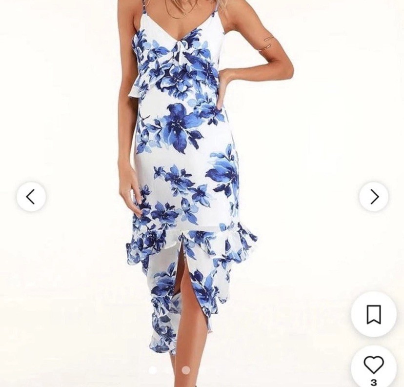 Lulus Island Time Blue and White Floral Print Ruffled Midi Dress size Small NWT