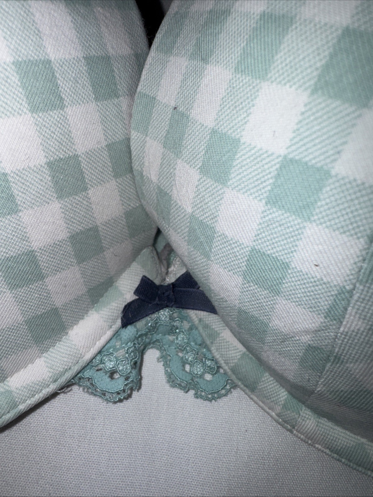 Cacique 40DD Boost Plunge Bra Turquoise And White Lace Gingham Strap