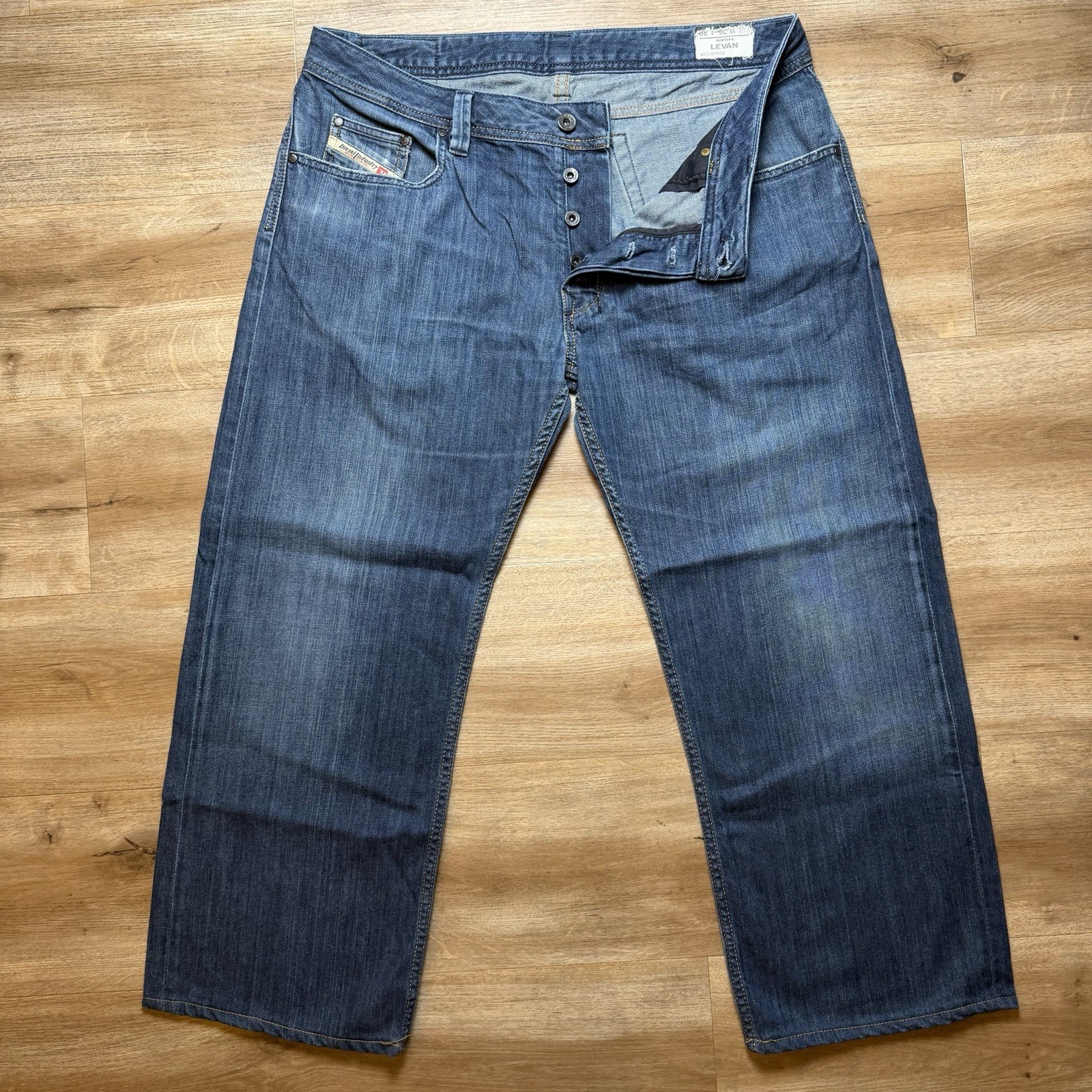 Diesel Levan Jeans Men 36×26 Blue Relaxed Straight Dark Wash Denim 8GE (Hemmed)