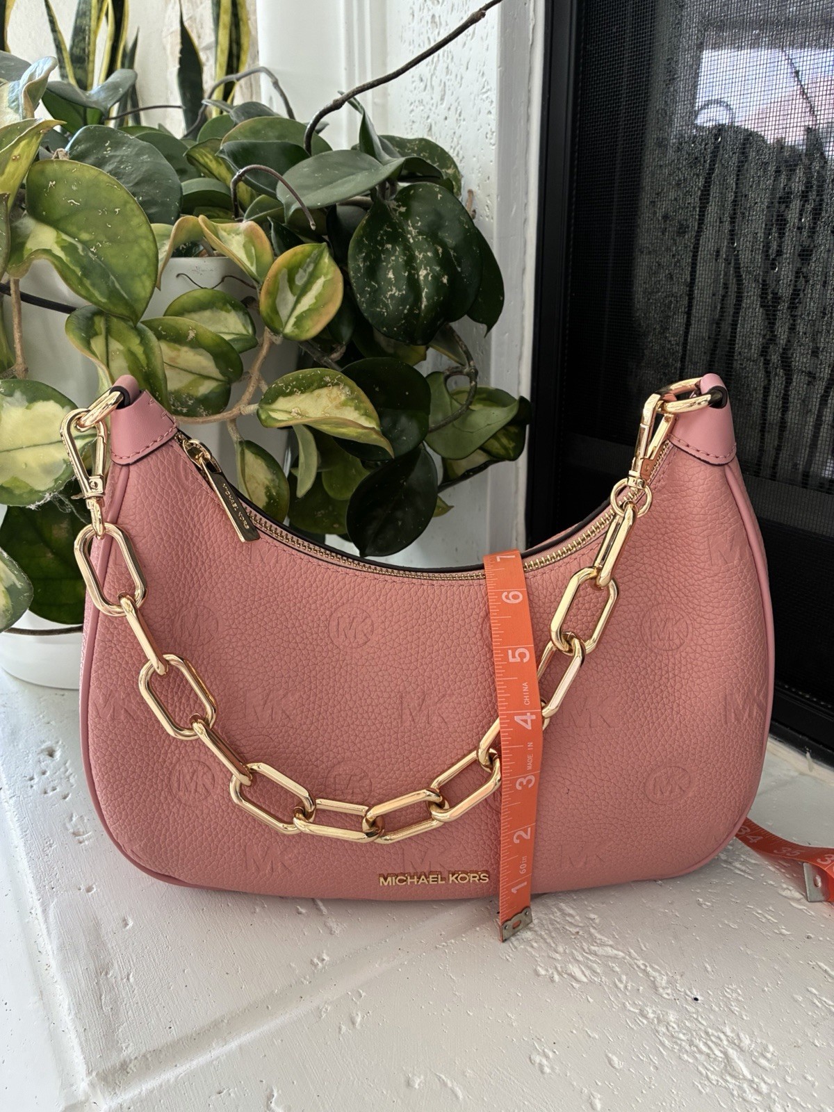 Michael Kors Pink Leather MK Embossed Gold Chain Shoulder Bag