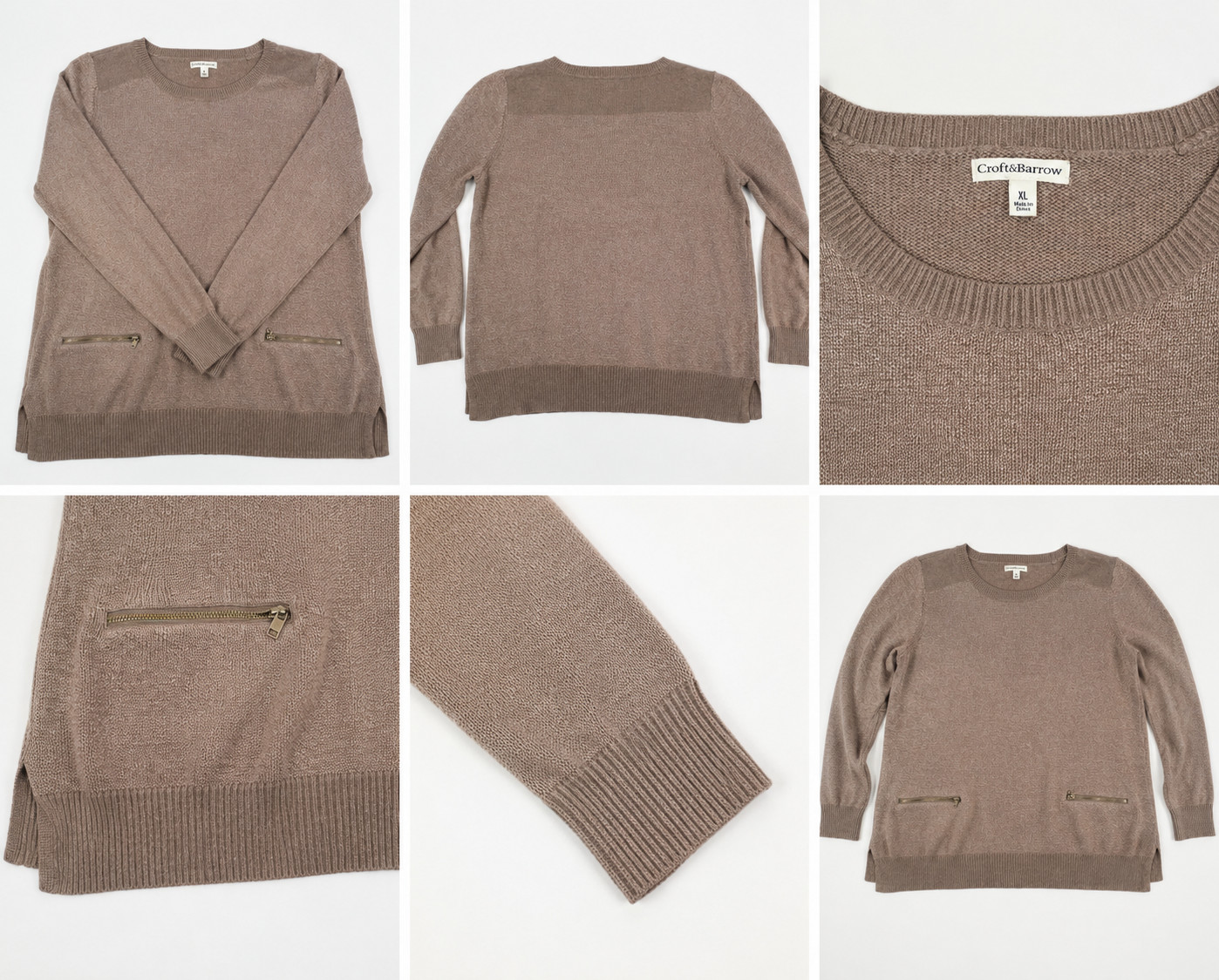 Croft & Barrow Womens XL Taupe Lightweight Knit Sweater Zip Pocket Long Sleeve P