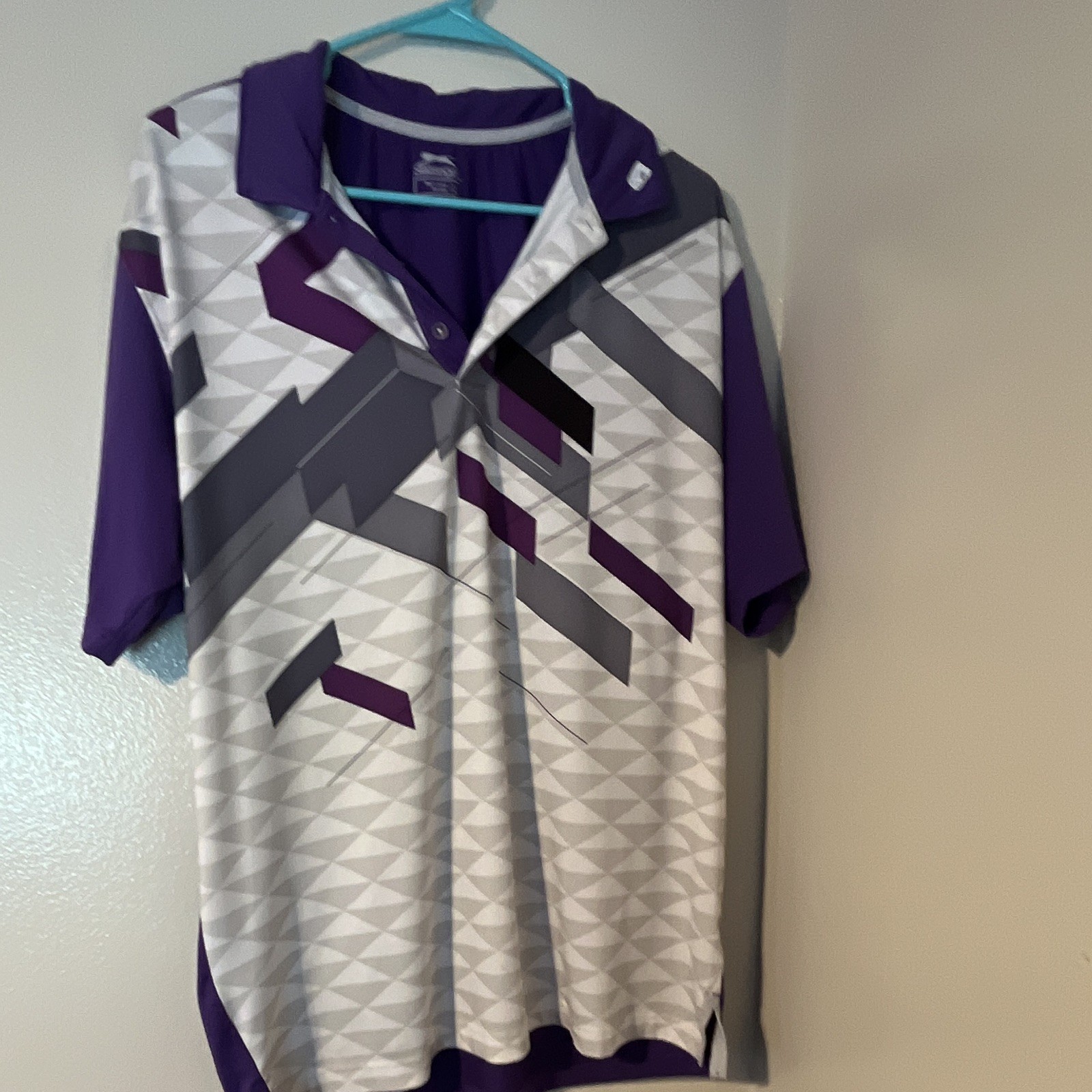 Slazenger Men’s Polo Shirt L Purple/White/Gray Geometric Short Sleeve Collared