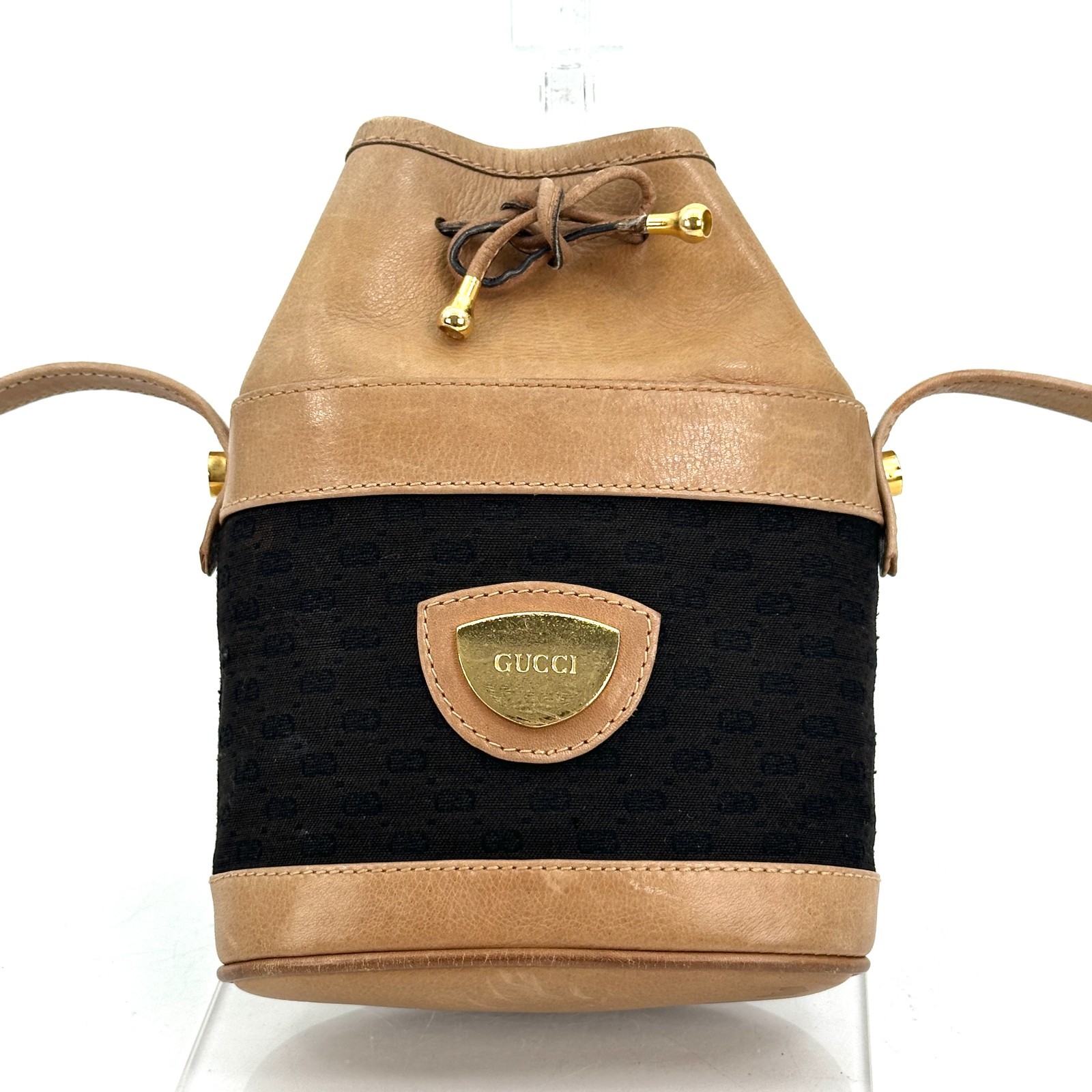 Gucci Vintage Black Brown Canvas Leather Drawstring Mini Bucket Bag Mcro GG Auth