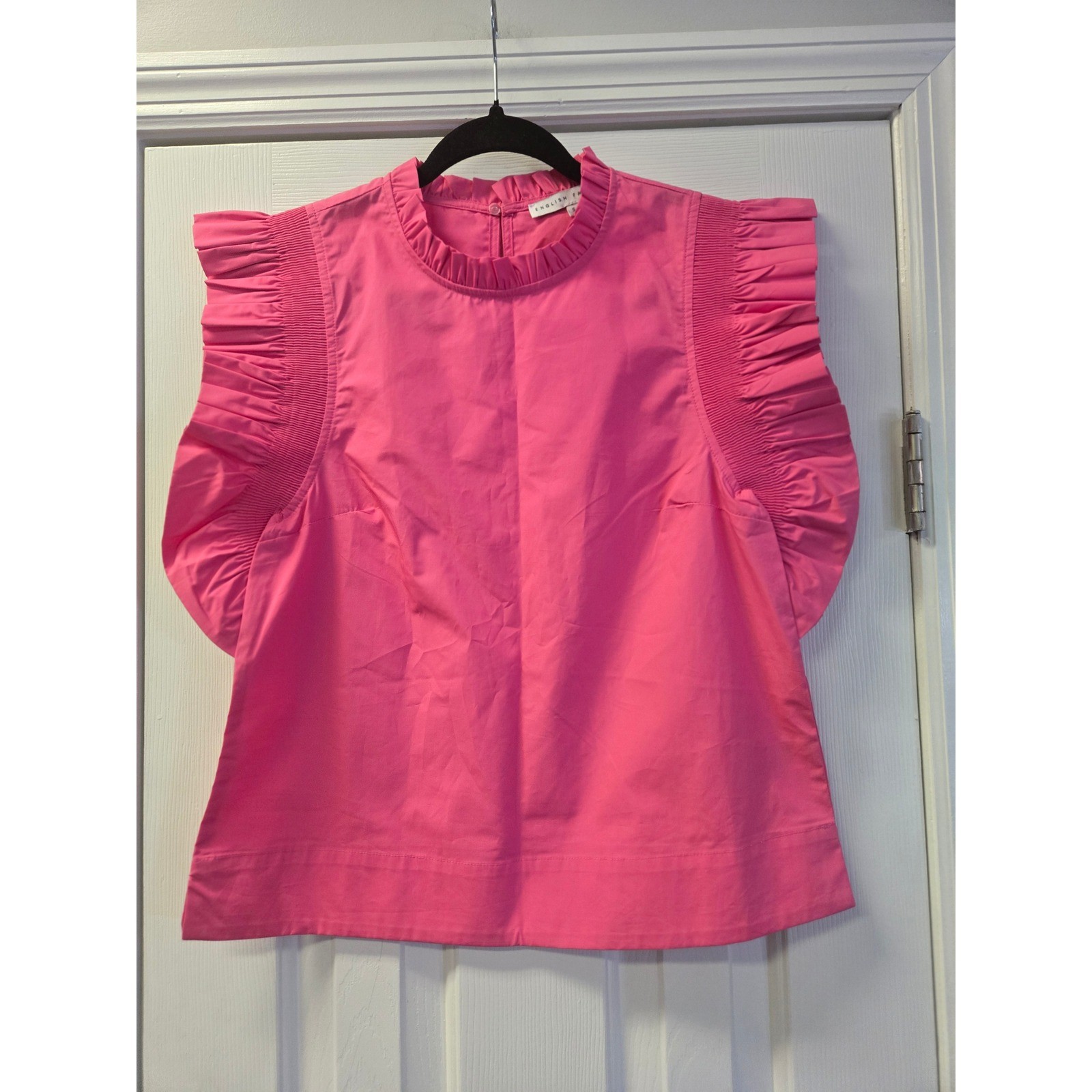 English Factory Hot Pink Ruffle Smocked Cap Sleeve Cotton Poplin Top S Barbiecor