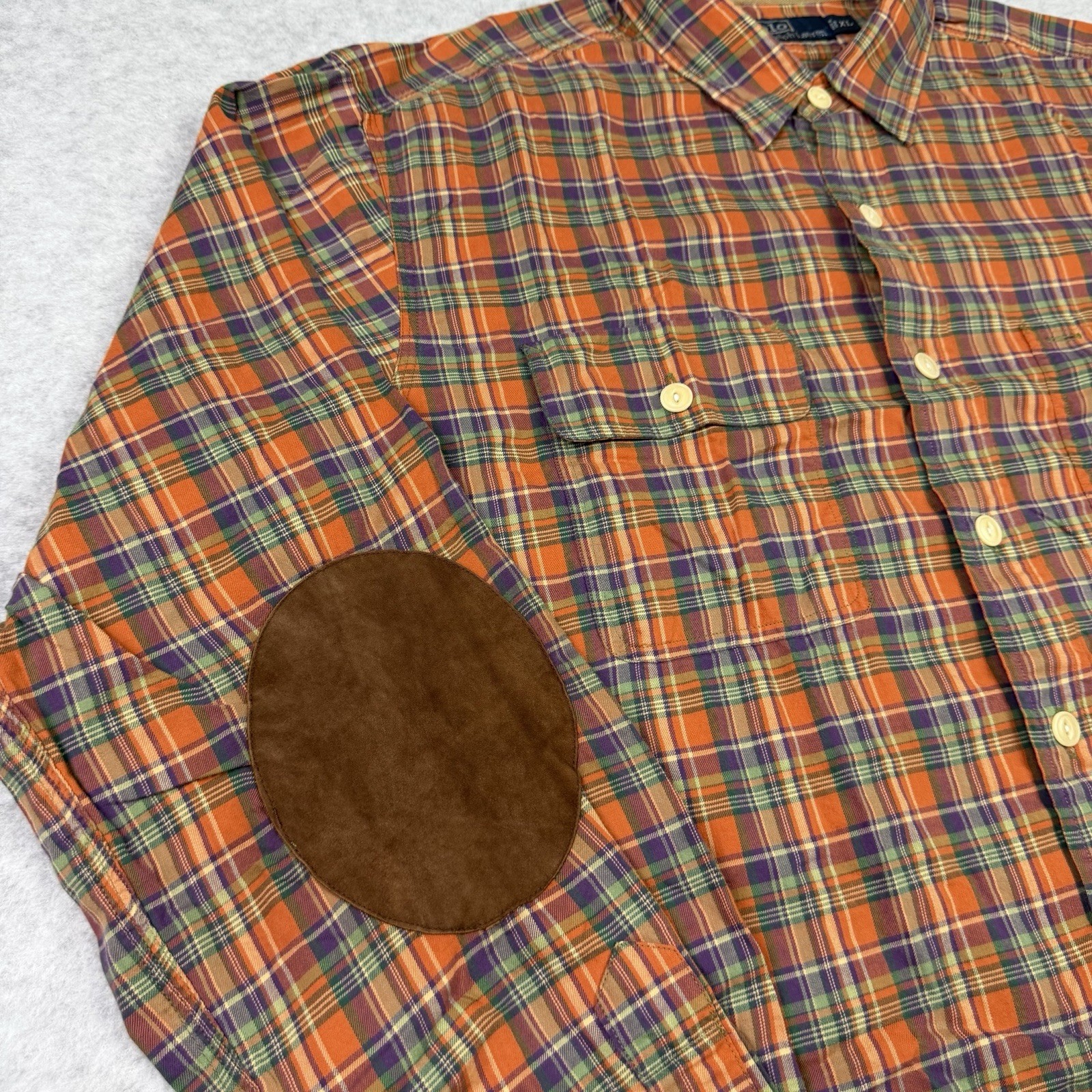 Polo Ralph Lauren Polo Country Shirt Mens XL Orange Plaid Leather Elbow Pads