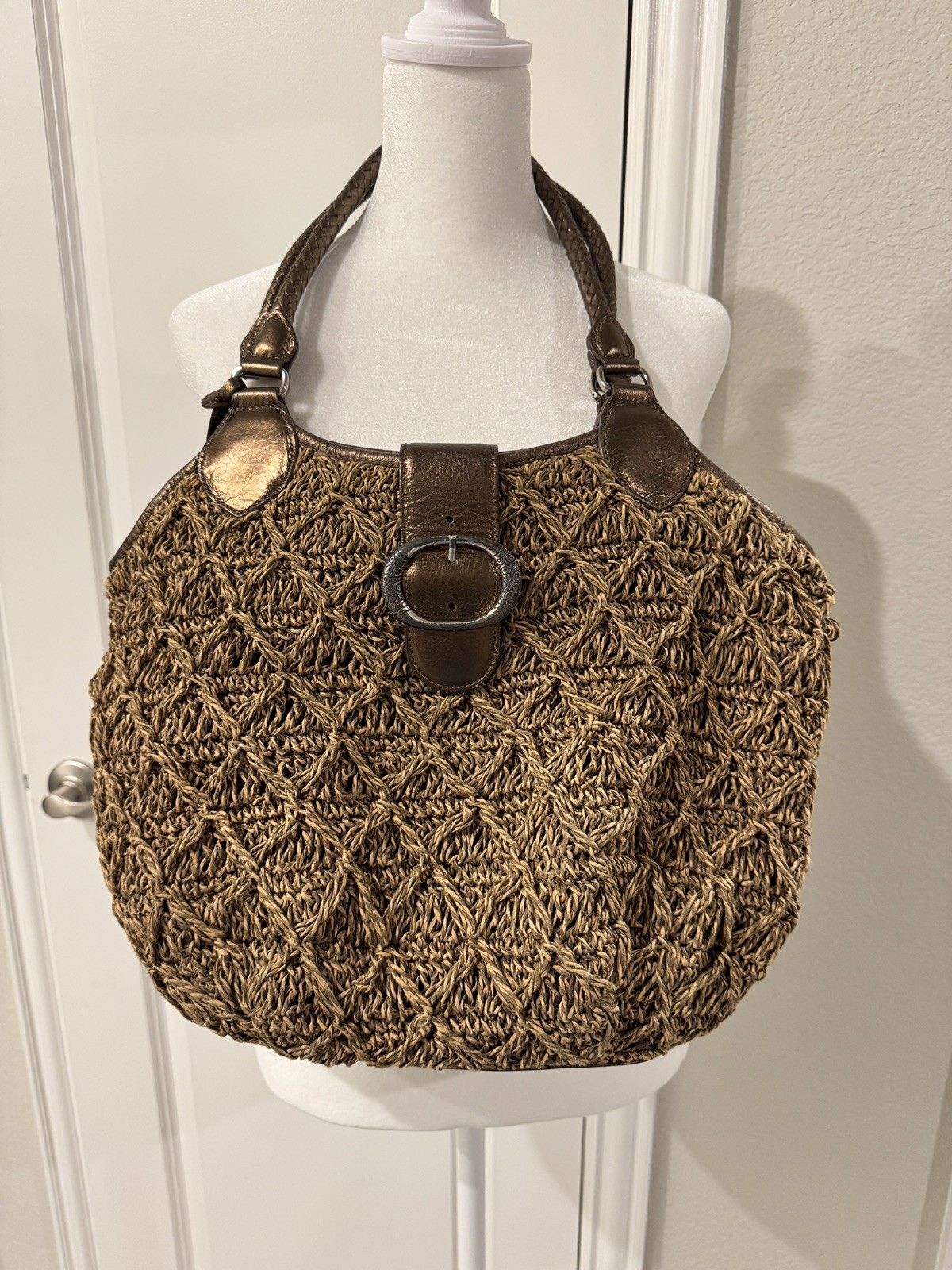 BRIGHTON MEDIUM BRONZE WOVEN STRAW BAG WITH LEATHER TRIM, BRAIDED DOUBLE STRAPS