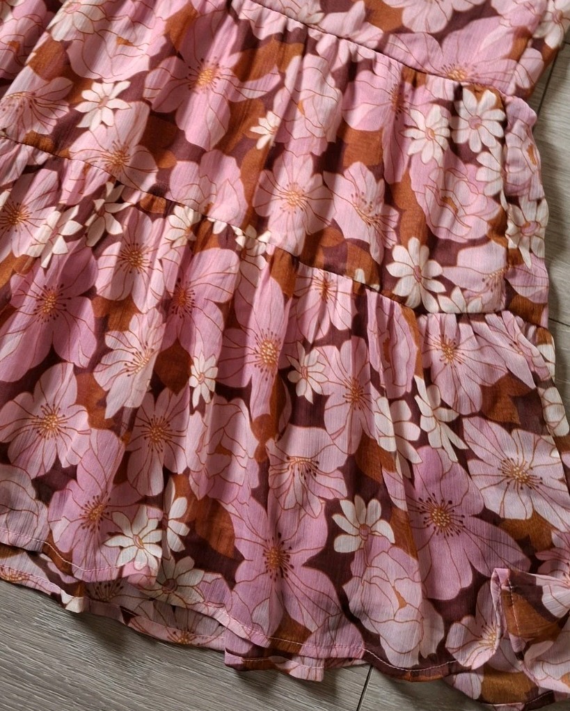 Brown & Pink Floral Flared Smock Dress Tiered Frill Party Sheer Boho Retro UK14