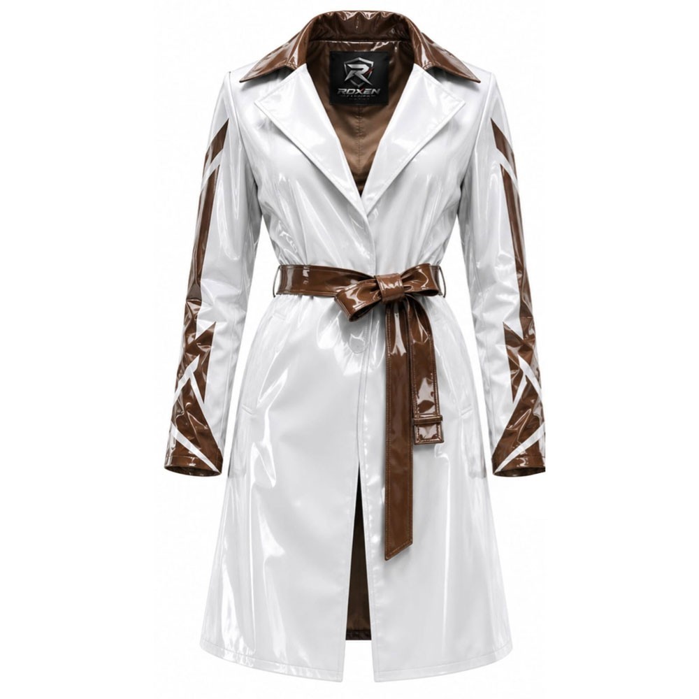 ROXEN Women Patent Vinyl Trench Coat White Brown Wet Look Shiny Matrix Rain Jack